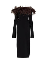 Load image into Gallery viewer, Blanche Off Shoulder Feather Trimmed Midi Dress In Black
