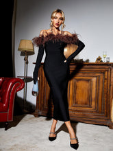 Load image into Gallery viewer, Blanche Off Shoulder Feather Trimmed Midi Dress In Black
