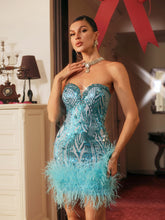 Load image into Gallery viewer, Blissany Strapless Rhinestone Feather Mini Dress
