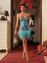 Load image into Gallery viewer, Blissany Strapless Rhinestone Feather Mini Dress
