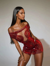 Load image into Gallery viewer, Bly Off Shoulder Rhinestone Mini Dress In Red
