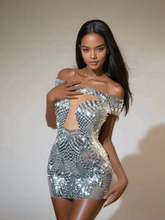 Load image into Gallery viewer, Bly Off Shoulder Rhinestone Mini Dress In Silver
