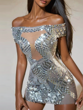 Load image into Gallery viewer, Bly Off Shoulder Rhinestone Mini Dress In Silver
