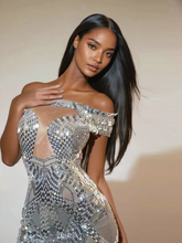 Load image into Gallery viewer, Bly Off Shoulder Rhinestone Mini Dress In Silver
