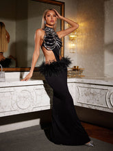 Load image into Gallery viewer, Boris Halterneck Cutout Feather Maxi Dress
