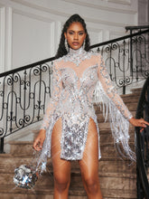 Load image into Gallery viewer, Braychan Embellished Fringe Split Mini Dress
