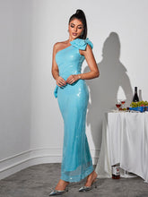Load image into Gallery viewer, Cailynn One Shoulder Bow Sequin Maxi Dress
