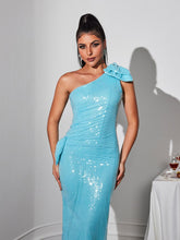 Load image into Gallery viewer, Cailynn One Shoulder Bow Sequin Maxi Dress
