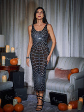 Load image into Gallery viewer, Calyx Scoop Neck Cobweb Sequin Midi Dress In Black
