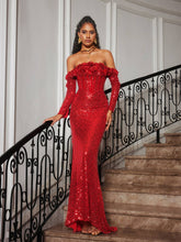 Load image into Gallery viewer, Catherynne Off Shoulder Flower Sequin Maxi Dress
