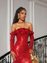 Load image into Gallery viewer, Catherynne Off Shoulder Flower Sequin Maxi Dress
