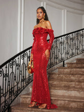 Load image into Gallery viewer, Catherynne Off Shoulder Flower Sequin Maxi Dress
