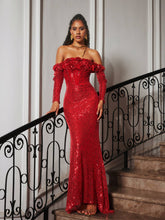 Load image into Gallery viewer, Catherynne Off Shoulder Flower Sequin Maxi Dress
