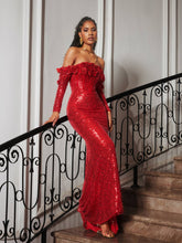 Load image into Gallery viewer, Catherynne Off Shoulder Flower Sequin Maxi Dress
