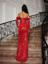 Load image into Gallery viewer, Catherynne Off Shoulder Flower Sequin Maxi Dress
