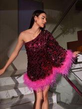 Load image into Gallery viewer, Ceridwen One Shoulder Feather Sequin Dress
