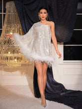 Load image into Gallery viewer, Ceridwen One Shoulder Feather Sequin Mini Dress
