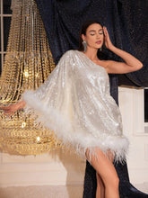 Load image into Gallery viewer, Ceridwen One Shoulder Feather Sequin Mini Dress
