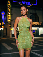Load image into Gallery viewer, Cinzia Halterneck Diamond Chain Mesh Mini Dress In Green
