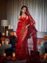Load image into Gallery viewer, Circe Embellished Mesh Feather Maxi Dress In Red
