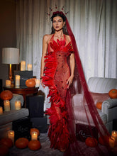 Load image into Gallery viewer, Circe Embellished Mesh Feather Maxi Dress In Red
