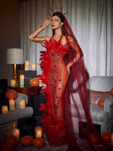 Load image into Gallery viewer, Circe Embellished Mesh Feather Maxi Dress In Red
