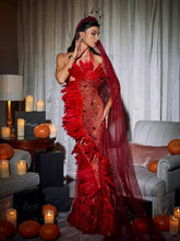 Load image into Gallery viewer, Circe Embellished Mesh Feather Maxi Dress In Red
