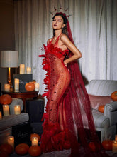 Load image into Gallery viewer, Circe Embellished Mesh Feather Maxi Dress In Red
