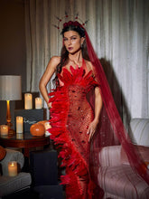 Load image into Gallery viewer, Circe Embellished Mesh Feather Maxi Dress In Red
