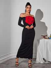 Load image into Gallery viewer, Claus Off Shoulder Red Flower Maxi Dress
