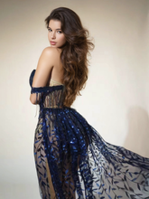 Load image into Gallery viewer, Codruta Strapless Leafy Fringe Maxi Dress  In Navy
