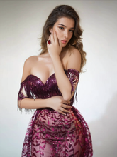 Load image into Gallery viewer, Codruta Strapless Leafy Fringe Maxi Dress In Wine
