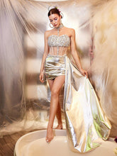 Load image into Gallery viewer, Cohen Rhinestone Draped Metallic Skirt Set In Silver
