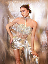 Load image into Gallery viewer, Cohen Rhinestone Draped Metallic Skirt Set In Silver

