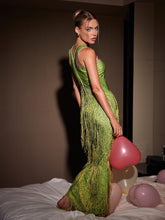 Load image into Gallery viewer, Cyfel Floral Crystal Fringe Midi Dress In Green
