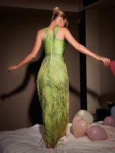 Load image into Gallery viewer, Cyfel Floral Crystal Fringe Midi Dress In Green
