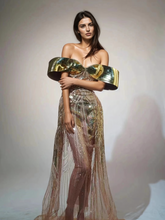 Load image into Gallery viewer, Daryle Off Shoulder Sequin Split Maxi Dress
