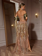 Load image into Gallery viewer, Daryle Off Shoulder Sequin Split Maxi Dress In Gold
