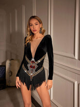 Load image into Gallery viewer, Decker Rhinestone Fringe Velvet Bodysuit

