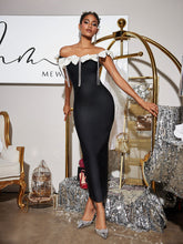 Load image into Gallery viewer, Devrim Bow Fringe Bandage Midi Dress
