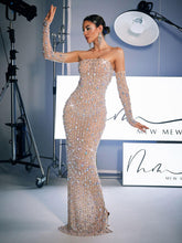 Load image into Gallery viewer, Douglas Strapless Rhinestone Maxi Dress With Gloves
