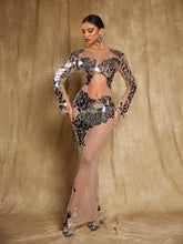 Load image into Gallery viewer, Edwina Long Sleeve Acrylic Cutout Mesh Maxi Dress
