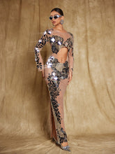 Load image into Gallery viewer, Edwina Long Sleeve Acrylic Cutout Mesh Maxi Dress
