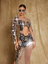 Load image into Gallery viewer, Edwina Long Sleeve Acrylic Cutout Mesh Maxi Dress
