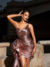 Load image into Gallery viewer, Elmer Bow Embellished Metallic Dress
