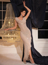 Load image into Gallery viewer, Emmanuelle Plunge Embellished Ruffle Mesh Dress
