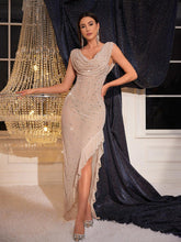 Load image into Gallery viewer, Emmanuelle Plunge Embellished Ruffle Mesh Dress
