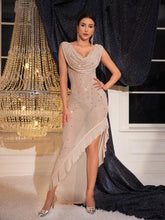 Load image into Gallery viewer, Emmanuelle Plunge Embellished Ruffle Mesh Dress
