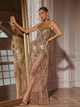 Load image into Gallery viewer, Ephram Strapless Rhinestone Sequin Dress In Gold
