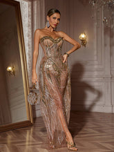 Load image into Gallery viewer, Ephram Strapless Rhinestone Sequin Dress In Gold
